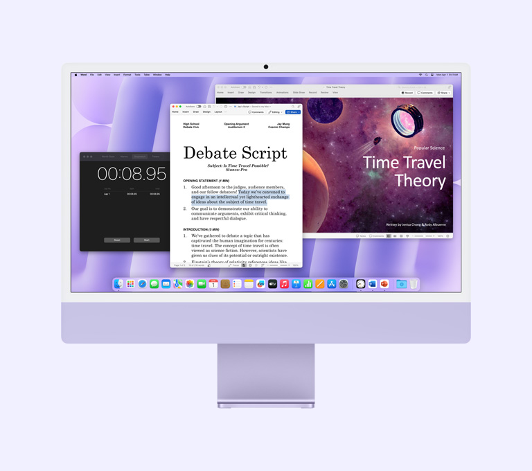Виолетов iMac: на екрана са показани приложенията Microsoft Word, Microsoft PowerPoint и Clock