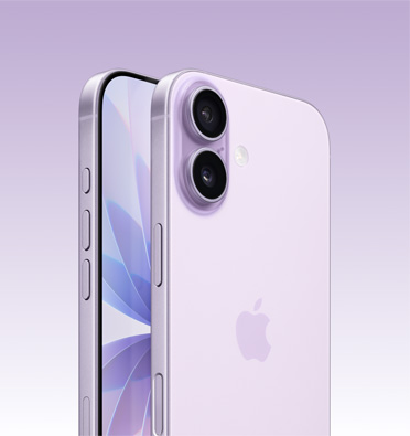 iPhone 17 в лавандула, показва частично екрана и бутон Действие, бутон за сила на звука и страничен бутон. Заден екстериор с авангардната двойна про системата камери горе вляво.