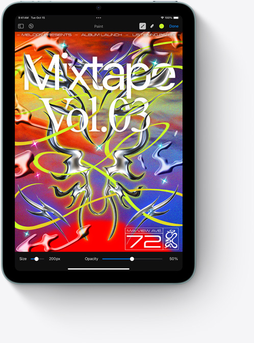 iPad mini v orientaci na výšku, na něm barevná obrazovka aplikace Pixelmator.