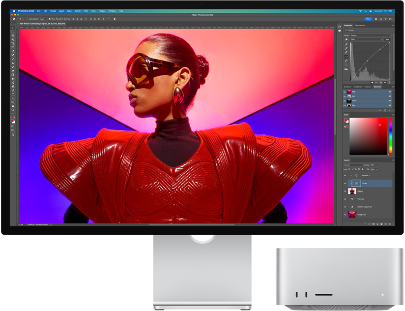 Pohled na Studio Display vedle Macu Studio