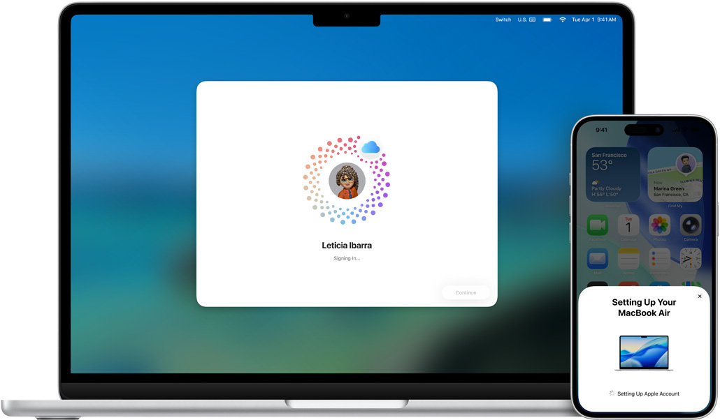 13palcový MacBook Air a iPhone 16 Plus, instalace macOS na MacBooku, iPhone zobrazuje výzvy k nastavení