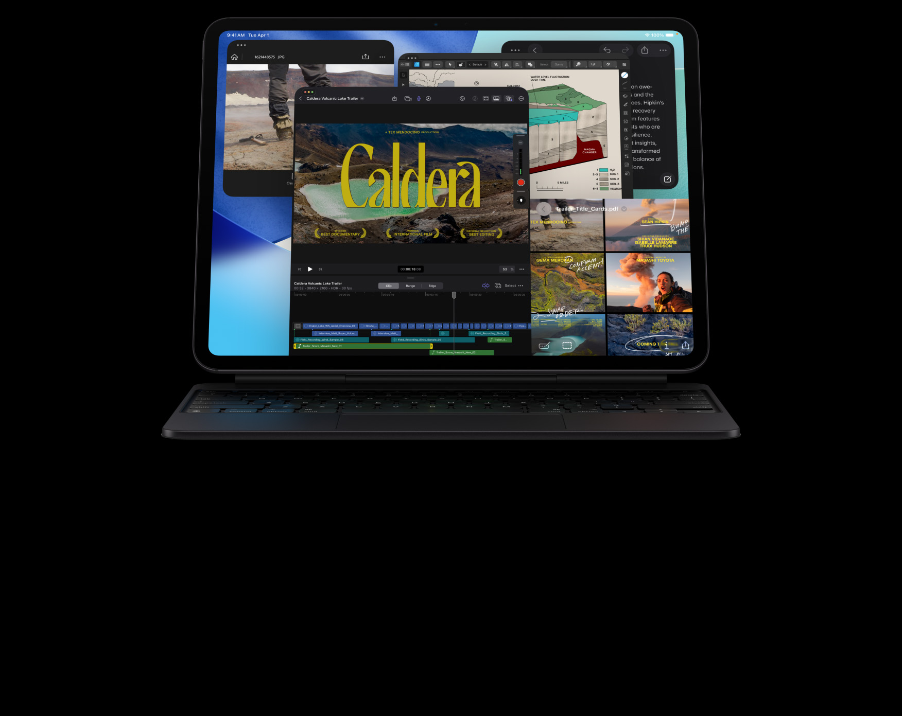 iPad Pro, esikülg, horisontaalpaigutus, kosmosemust värv, ühendatud Magic Keyboardiga, kosmosemust, ekraan mitmete rakenduse akendega: Final Cut Pro mitmete videotöötluse funktsioonide ja ajajoonega, Maps, Notes, meediaklipid