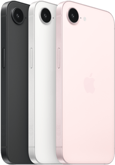 iPhone 17e, külg ja tagakülg, must värvitoon, külg ja tagakülg, valge värvitoon, külg ja tagakülg, õrnroosa värvitoon, ülaosas Fusion kaamera, külgnupp