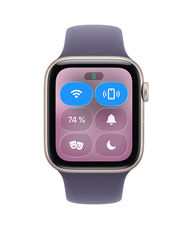 Apple Watch SE 3, caja de aluminio, color blanco estrella, Centro de Control, icono Oír el iPhone, lateral derecho, Digital Crown, correa deportiva, color niebla lila