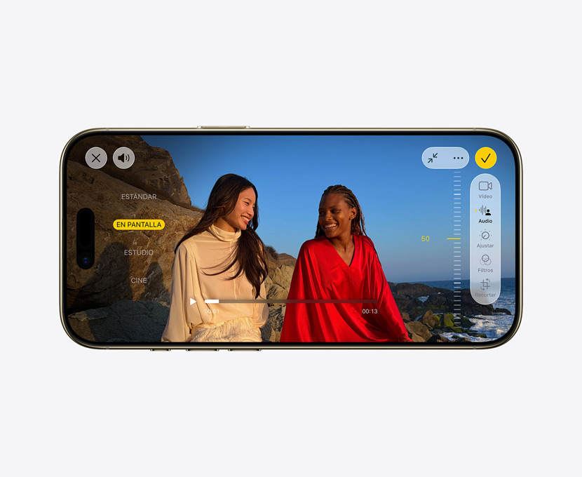 iPhone Air, parte delantera, vídeo profesional con la prestación Mezcla de Audio en uso