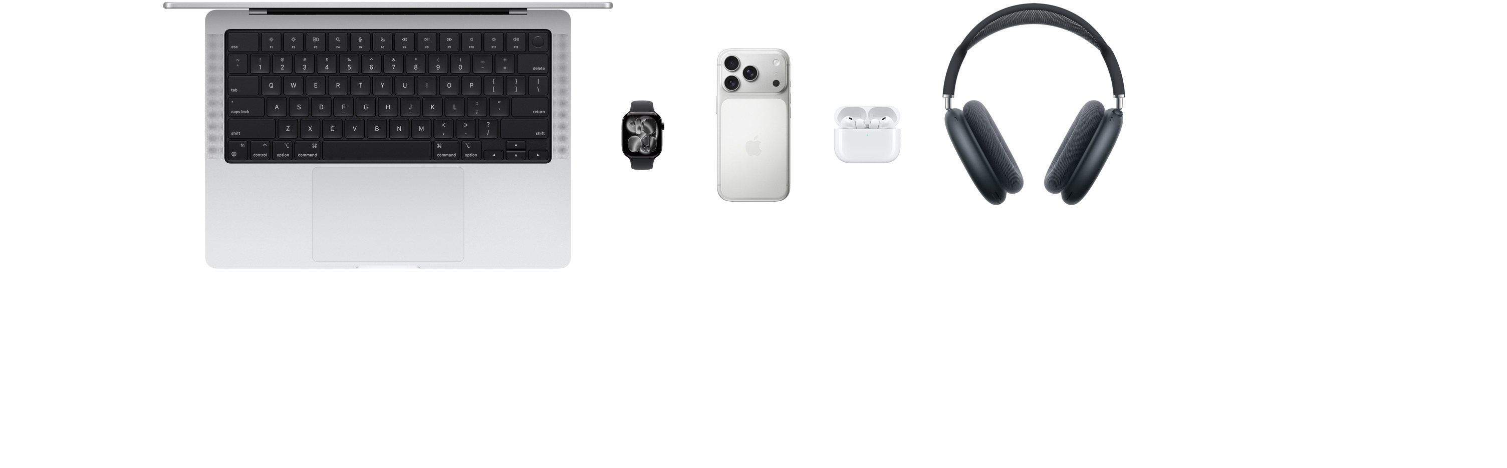 Olika Apple-produkter, bland annat en MacBook, en Apple Watch Series 11, en iPhone 17 Pro, AirPods Pro 3, AirPods Max