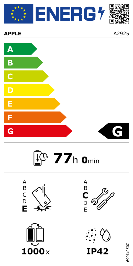 Étiquette énergétique de l’UE, code QR et informations, modèle Apple A2925, classe G, classes d’efficacité énergétique (échelle allant de A à G), A (la plus élevée) à G (la plus basse), endurance de la batterie par cycle, 77 heures et 0 minute par charge complète de la batterie, résistance aux chutes répétées de classe E, A (plus résistante) à E (moins résistante), réparabilité de classe C, A (plus réparable) à E (moins réparable), endurance de la batterie de 1 000 cycles, indice de protection IP42 pour la poussière et l’eau, règlement 2023/1669