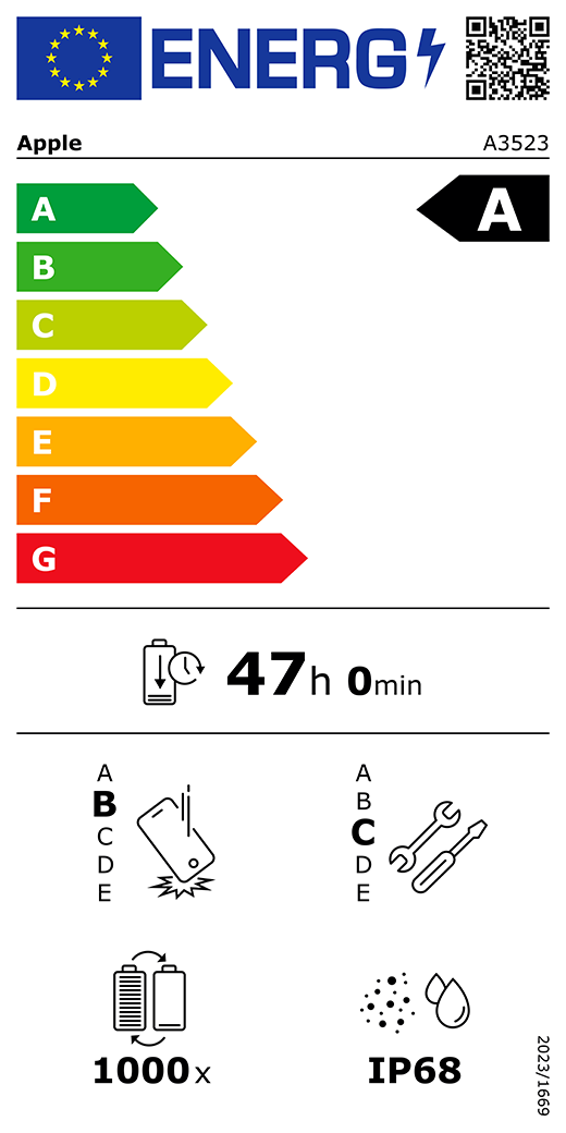 Código QR e información de la etiqueta energética de la UE, modelo A3523 de Apple, clase A, clases de eficiencia energética (con una escala de la A a la G), de la A (la más eficiente) a la G (la menos eficiente), duración de la batería por ciclo, 47 horas y 0 minutos por carga completa de la batería, fiabilidad en caída libre repetida de clase B, de la A (la más robusta) a la E (la menos robusta), reparabilidad de clase C, de la A (la más reparable) a la E (la menos reparable), 1.000 ciclos de carga de la batería, grado de protección contra la entrada de polvo y agua (IP) IP68, normativa 2023/1669.
