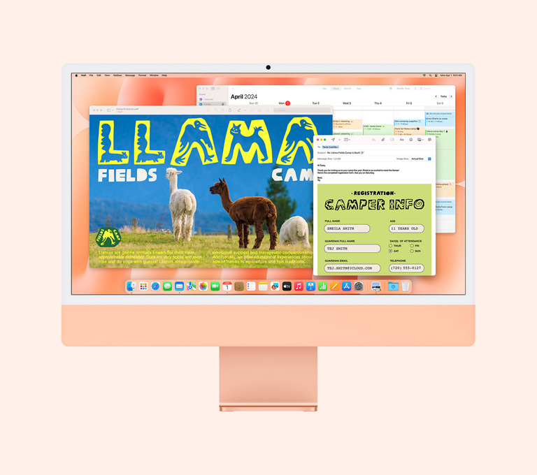 Oranje iMac: Op het scherm worden de apps Voorvertoning, Mail en Agenda gebruikt.