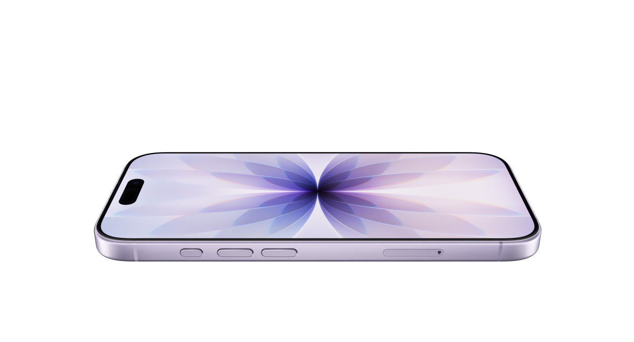 iPhone 17, voorkant met Ceramic Shield, zijkant, kleur lavendel, knoppen: actie, volume, Dynamic Island bovenaan in het midden