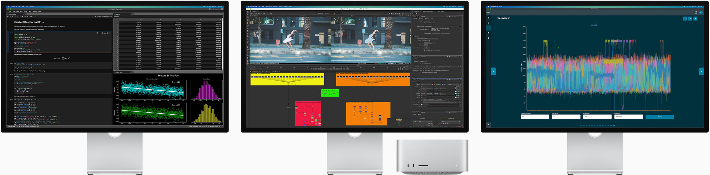 Mac Studio en drie Studio Displays, allemaal met verschillende macOS-apps op het scherm