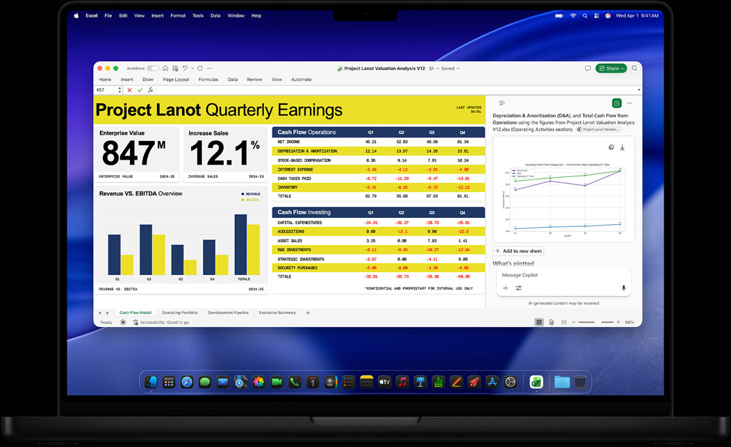 Écran d’un MacBook Pro affichant un rapport financier trimestriel créé dans Excel