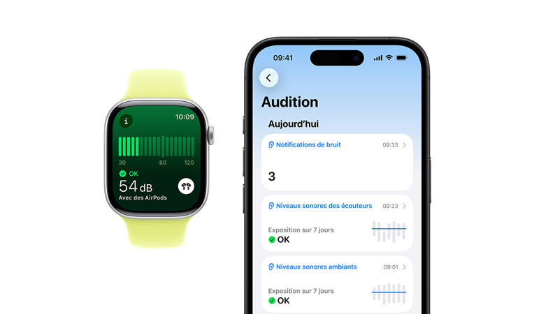 Apple Watch Series 11, boîtier en aluminium, couleur argent, app Bruit, Bracelet Sport jaune fluo, résumé niveaux sonores quotidien détaillé ouvert sur un iPhone jumelé à l’Apple Watch
