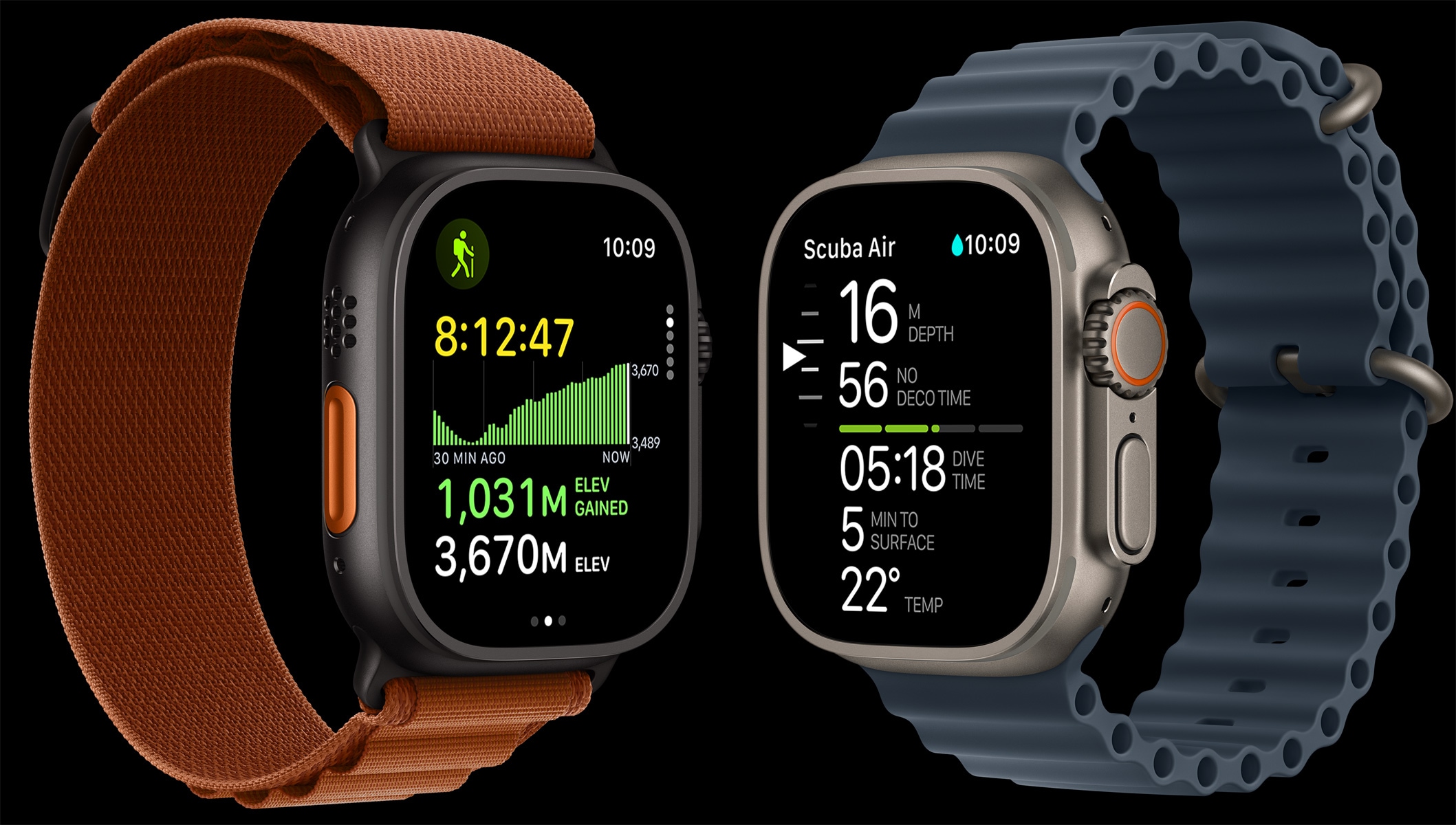 Συσκευές Apple Watch Ultra 3, κάσες από τιτάνιο, μαύρο και φυσικό χρώμα, χάρτης διαδρομής, μετρήσεις κατάδυσης, λουράκια, λουράκι Alpine Loop, χρώμα τερακότα, λουράκι Ocean Band χρώμα anchor blue
