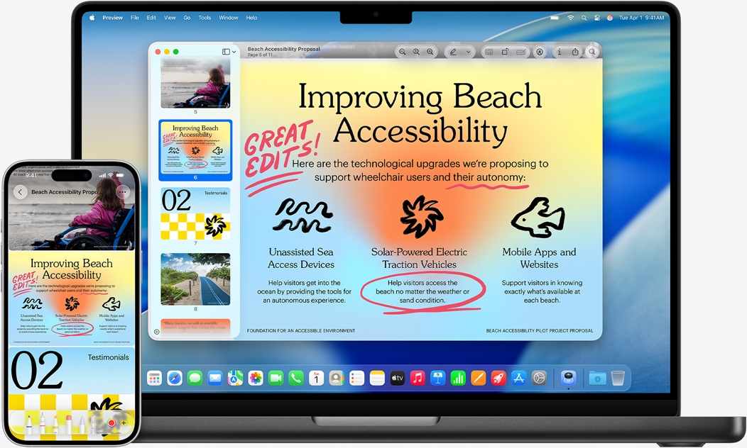 iPhone και MacBook δίπλα-δίπλα, με εφέ αντικατοπτρισμού που εμφανίζεται στο MacBook. Widgets Hμερολογίου και Σημειώσεων στο πάνω μέρος της οθόνης, apps στο κάτω μέρος.