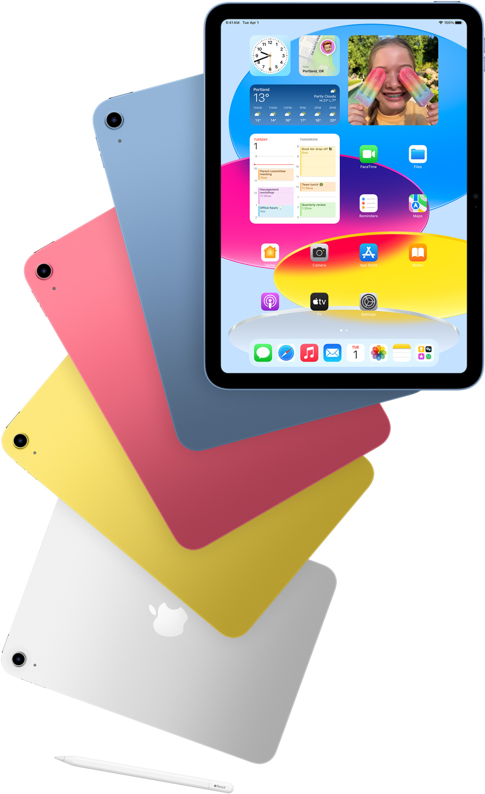 iPad 展示主畫面的正面圖，後方展示藍色、粉紅色、黃色和銀色 iPad 的機背。這幾款排列整齊的 iPad 旁邊放著 Apple Pencil。