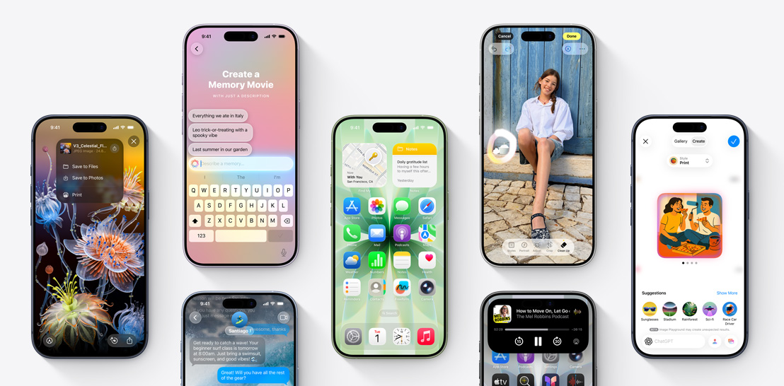 Egy sor iPhone 17 és 17 Pro készülék, melyek kijelzőin az iOS 26 és az Apple Intelligence különböző funkciói láthatók