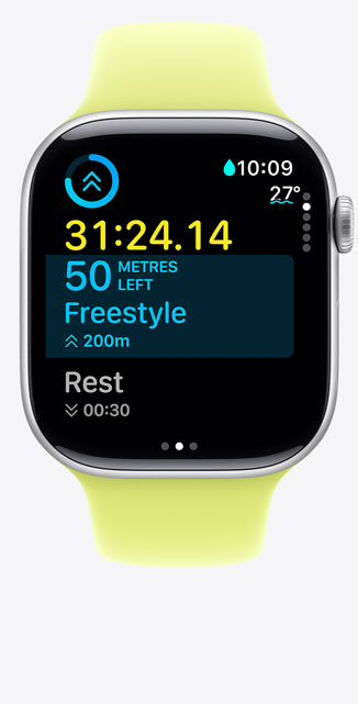 Apple Watch Series 11, aluminum case, silver color, Custom Workout screen tracks Pool Swim, metrics onscreen, Sport Band, neon yellow color