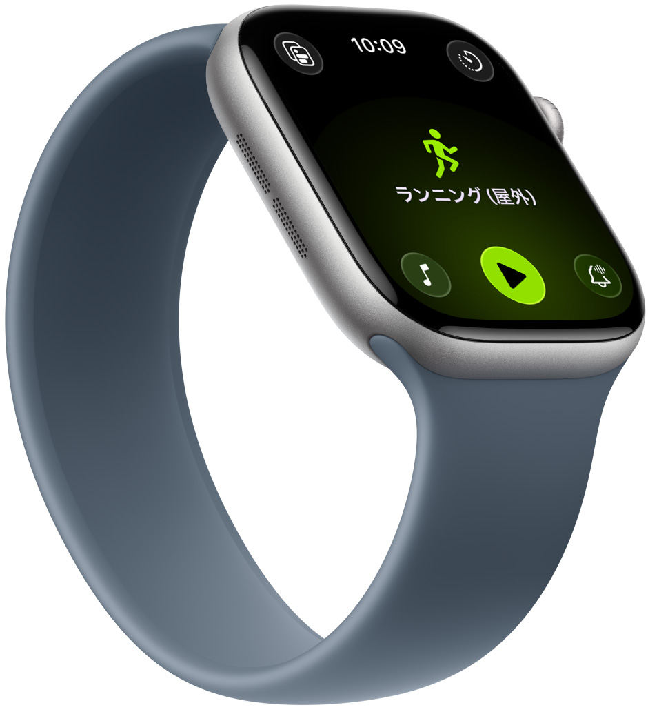 スペースグレイアルミニウムケースのApple Watch Series 11のアニメーション。画面がスクロールしてワークアウトの複数のオプションが表示され、屋外ランニングのワークアウトが選択される。アンカーブルーのソロループバンドが取りつけられている