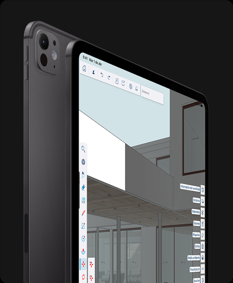 Un iPad Pro, parte posterior, posición vertical, negro espacial, sistema de cámaras Pro, botón de subir volumen, botón de bajar volumen, iPad Pro, parte frontal, posición vertical, color negro espacial, marco de la pantalla negro, esquinas redondeadas, la pantalla muestra una app de edición para diseño gráfico con menús de herramientas y efectos abiertos a la derecha y a la izquierda