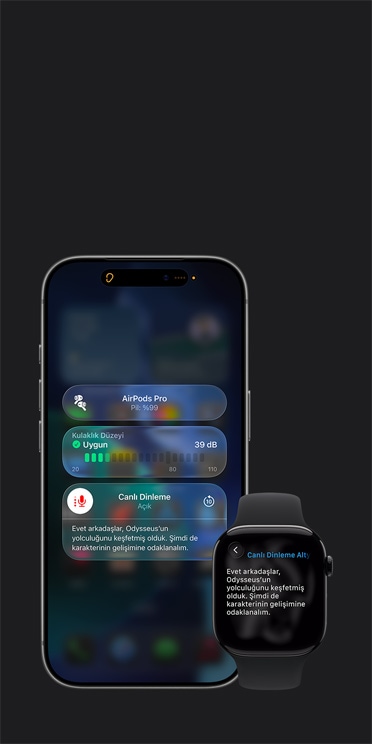 iPhone 17 Pro ekranında, kaydedilen sesin alt yazısıyla aktif bir Canlı Dinleme oturumu ve Apple Watch Series 11 ekranında ise kaydedilen aynı sesin Canlı Alt Yazıları gösteriliyor