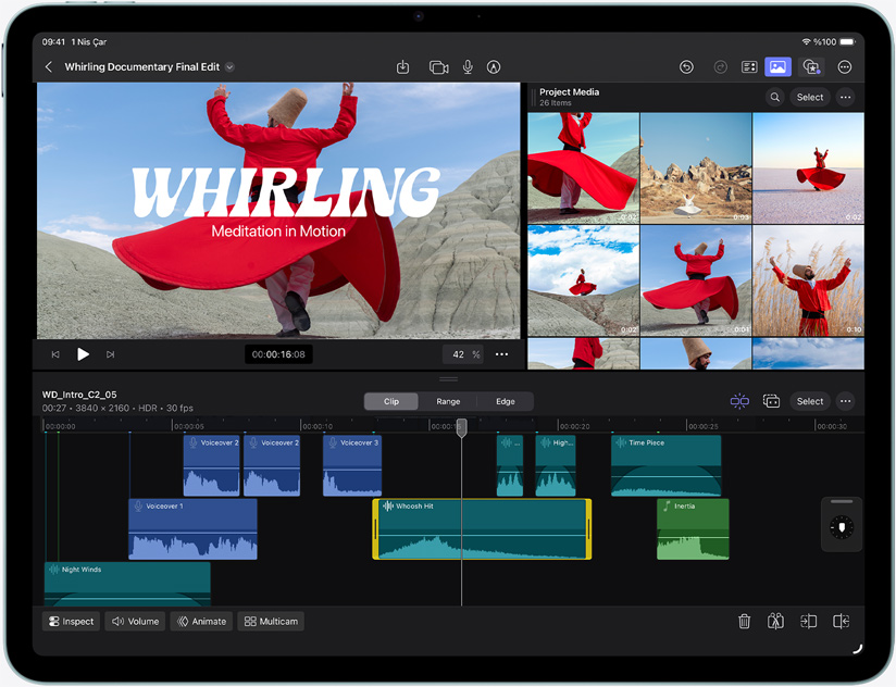 iPad Air, önden dış görünüm, Final Cut Pro’da video düzenlenirken gösteriliyor
