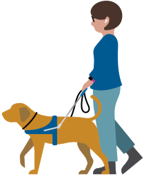 Une personne avec une basse vision porte des AirPods; elle se promène avec un chien d’assistance