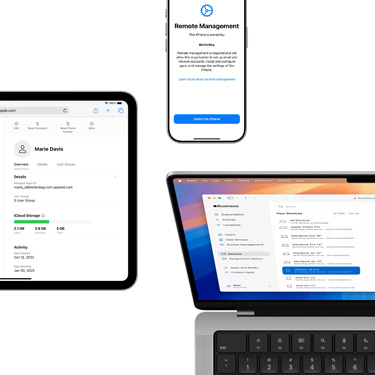 iPad, iPhone i MacBook z wyświetlonymi różnymi elementami platformy Apple Business Manager.