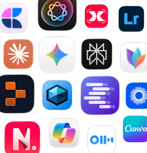 MindNode、Adobe Lightroom、Claude、Google Geminiなど、様々なAIアプリのアイコンが並んでいる