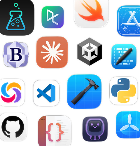 Unity Editor、DataCamp、Swift Playground、Apple Developerなど、様々なプログラミングアプリのアイコンが並んでいる