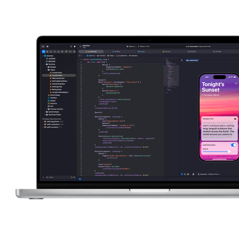 Xcodeアプリでプログラミングを行っている画面が表示されている 