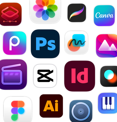 Adobe Illustrator、Canva、CapCut、Figmaなど、創造力を発揮できる様々なアプリのアイコンが並んでいる