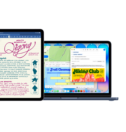 iPadの画面にGoodnotes、Macの画面に同時に使用中の複数のアプリが表示されている 