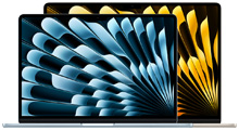 大きいMacBook Airの前に小さいMacBook Airが、いずれも開いた状態で置かれている。青と黄色の抽象的なデザインのあざやかな壁紙が表示されている