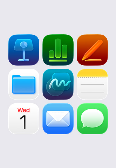 Keynote、Numbers、Pages、ファイル、メモ、カレンダーなどのAppleのアプリアイコンが、3×3のグリッド状に配置されている