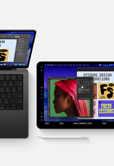 MacBookとiPadとApple Pencil。両方の画面に同じグラフィックデザインソフトウェアが表示され、デバイス間の連係を示している