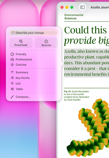 Pagesの画面に表示された記事と、Apple Intelligenceのプロンプト。ハイライトしたテキストを要約したり簡潔にしたりするオプションがある