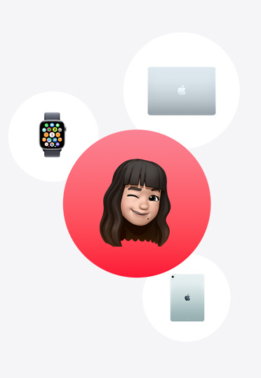 赤い円の中のミー文字の周りに、Apple Watch、MacBook、iPadが並んでいる