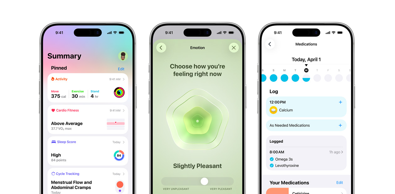 三部 iPhone 展示 Apple 健康 app。
