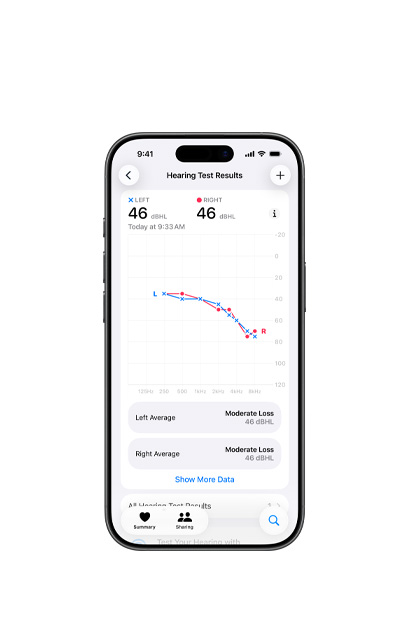 一台 iPhone 顯示 Airpod 2 聽力測試結果。