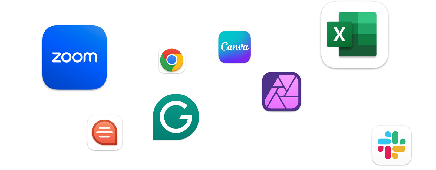 Plusieurs icônes d’apps flottent à l’écran, dont Zoom, Canva, Microsoft Excel et Adobe Photoshop.