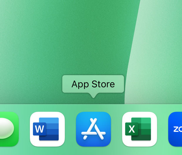 Le Dock d’iMac montrant les icônes d’apps Contacts, Microsoft Word, App Store, Microsoft Excel et Zoom.