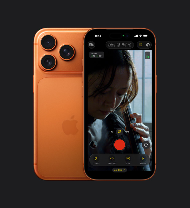 Οθόνη iPhone 17 Pro που εμφανίζει τη λειτουργία ProRes RAW κατά τη διάρκεια της εγγραφής μιας γυναίκας που παίζει τσέλο