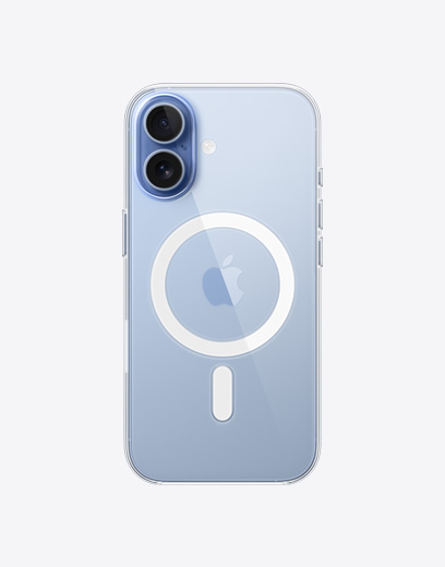 iPhone 17, achterkant, doorzichtig hoesje met Magsafe, Dual Fusion-camerasysteem linksboven