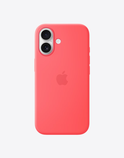 iPhone 17, parlak guava rengi (parlak pembe) renk silikon kılıf ile arkadan dış görünüm, sol üst köşede Fusion kamera sistemi, ortada Apple logosu