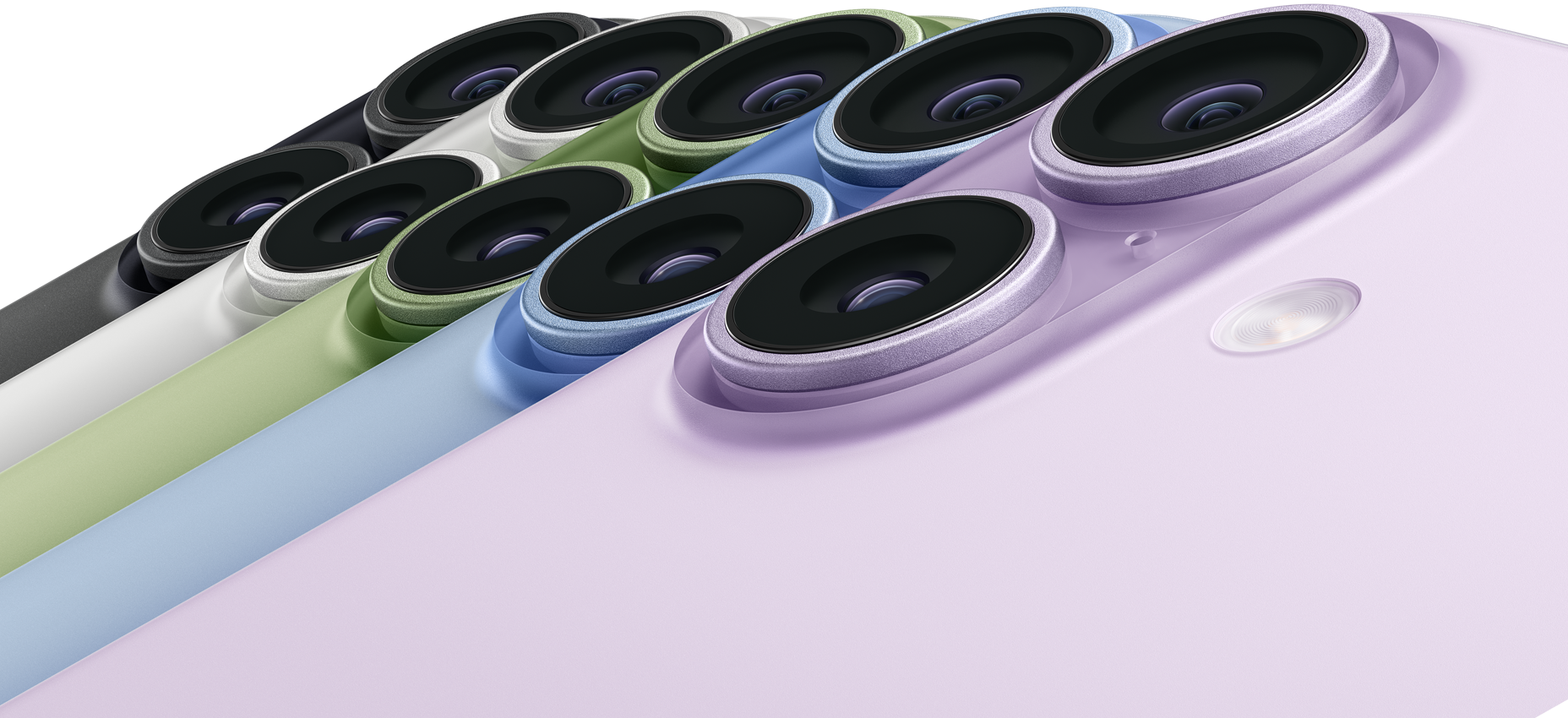 Beş adet iPhone 17 aygıtı, arkadan dış görünüm, sol üst köşe, Fusion kameralar, renkler: siyah, beyaz, ada çayı, sis mavisi, lavanta