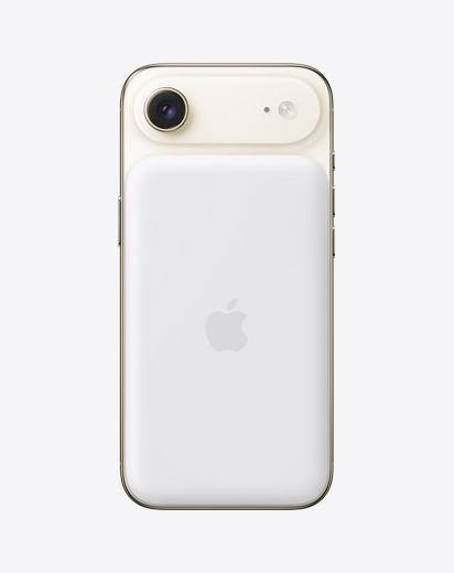 iPhone Air, achterkant, kleur Lichtgoud, met MagSafe-batterij bevestigd