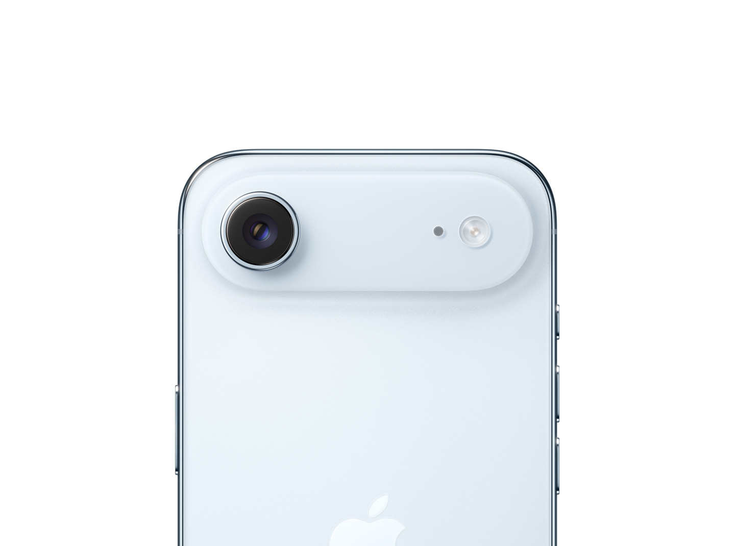 iPhone Air, achterkant, kleur Hemelsblauw, Fusion Hoofdcamerasysteem in plateau aan de bovenkant