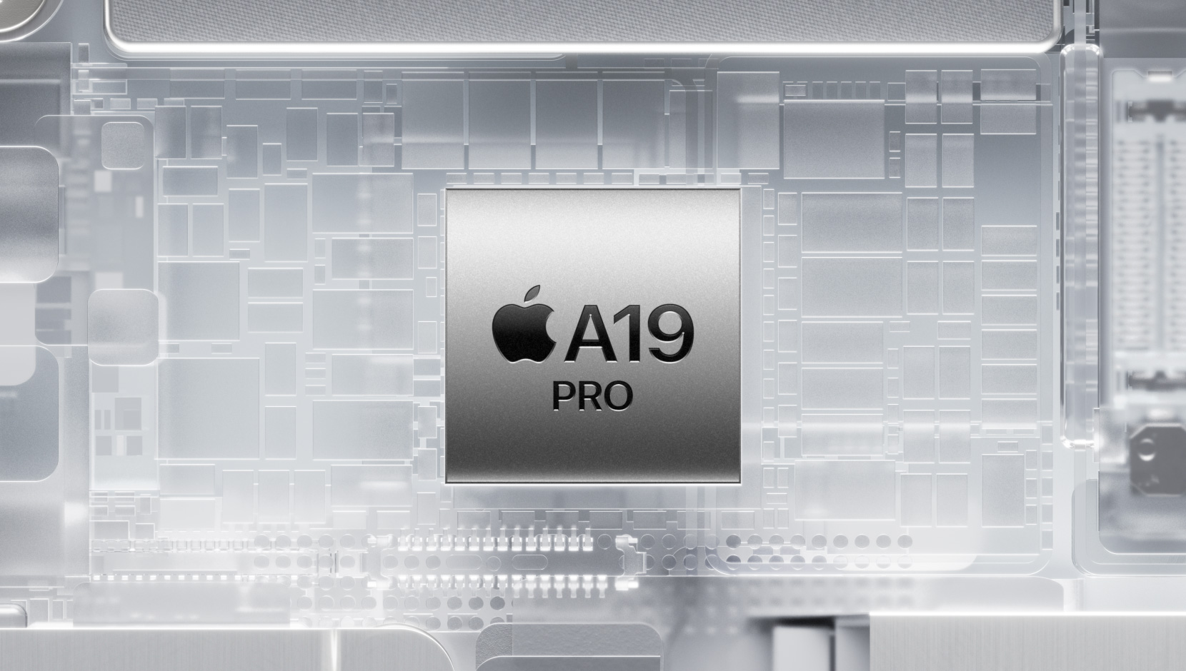 A19 Pro-chip omgeven door lichtgevende interne iPhone-onderdelen