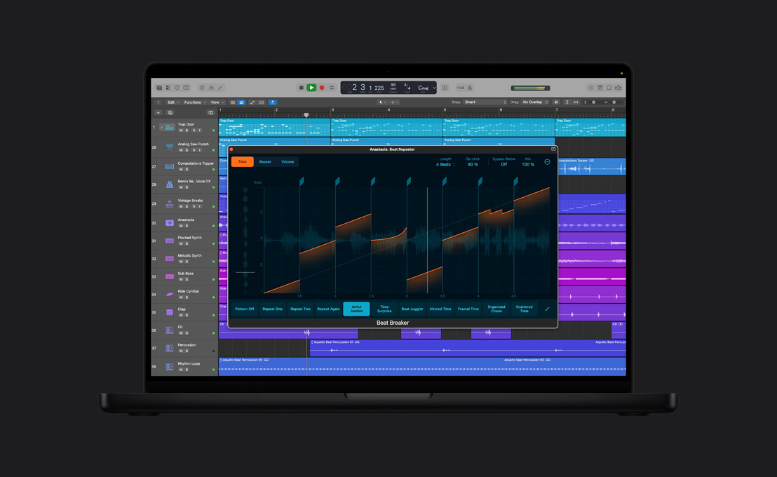 MacBook Pro 16 screen showing Beat Breaker, Anastacia: Beat Repeater window, Time audio waves with adjustments and selections